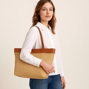 Talbots Large Tote Woven Jute & Genuine Leather Trim Made In Italy